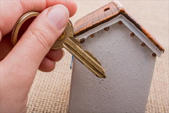 Hand holding a retro key by a model house on a brown color background