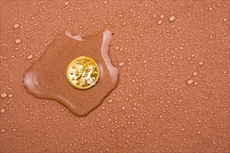 Fake gold coin covered with water drop in close-up view