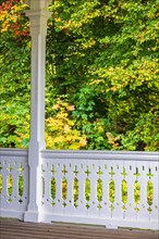 Railing with wooden carpentry by a deciduous forest with autumn colors