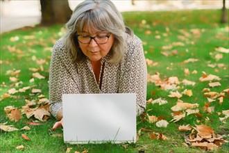 Woman with white hair and glasses lying on the grass in a park with a laptop computer