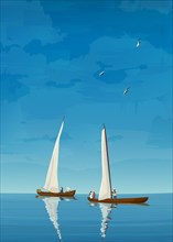 Old sailing ships fishing on the open sea composition