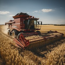 A combine harvester cuts the grain in a field