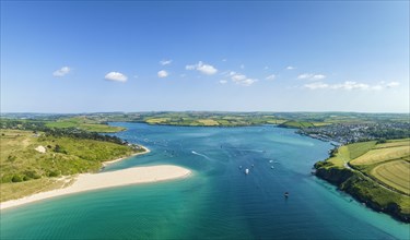 Aerial panorama of the River Camel on the left the sandbank Rock Beach