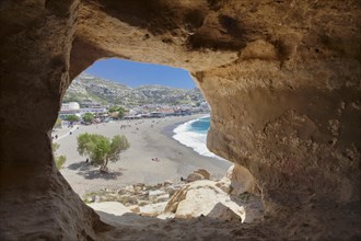View from a cave onto Matala bay and beach