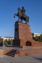Taraz Akimat City Hall with Statue of Baydibek Batyr Riding a Horse