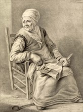 Seated old woman with knife in the kitchen