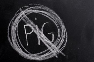 No pig sign drawn on the blackboard with chalk