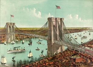 The great suspension bridge over the East River connects the cities of New York and Brooklyn. View from New York