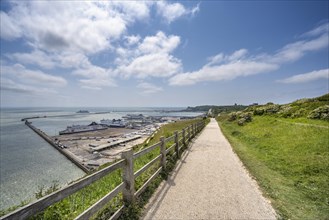 Footpath along the chalk cliffs of Dover overlooking the ferry port
