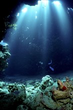 Diver swimming in cave
