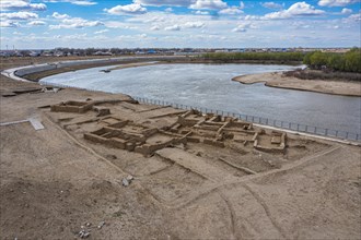 Aerial of Saray- Juek ancient settlement on the Ural river