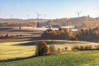 Autumn fog in the countryside with a barn and wind turbines