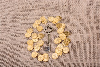 Hand holding a retro styled key over fake gold coins