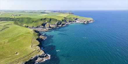 Aerial panorama of the coastline at Port Isaac