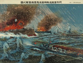The Japanese torpedo destroyers Asagiri and Hayadori attack the Russian battleships. Print shows Japanese torpedo boats sinking Russian battleships