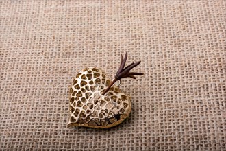 Heart shaped gold color metal object on canvas