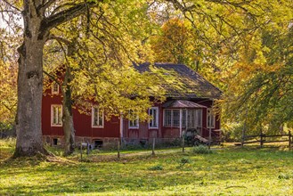 Red cottage in a meadow with beautiful autumn leaves on the trees