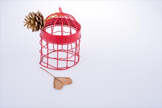 Pine cone tied to a bird cage and a hear shape cut leaf