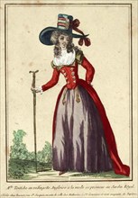 Woman in a fashionable English rodingotte walking through the Jardin Royal