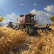 A combine harvester cuts the grain in a field