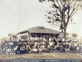 Italian migrant workers in front of their accommodation during the construction of the Panama Canal