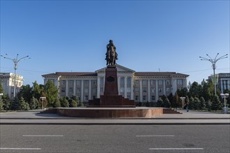 Taraz Akimat City Hall with Statue of Baydibek Batyr Riding a Horse