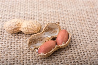 Cracked open peanuts with shell on a linen canvas background