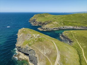 Aerial view of Port Quin with Doyden Castle