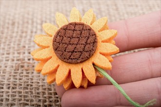 Fake flower in the hand of a child on brown background