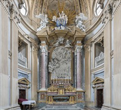 High altar with marble relief of the battle of 1706 with helpful intervention of the Mother of God