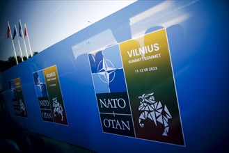 NATO logo at the NATO summit in Vilnius