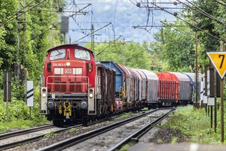 Goods train pulled by a diesel locomotive