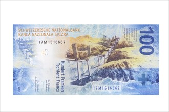 One hundred swiss franc banknote on a white background