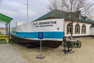 Old fishing boat in the museum in Aralsk