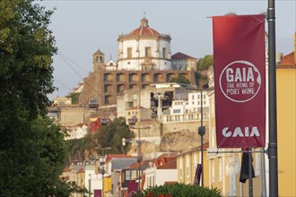 Flag advertising Gaia and port wine on the Cais de Gaia waterfront
