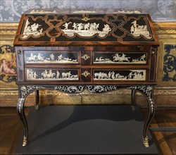 Elaborate slanted-flap secretary with inlays in ivory and marquetry in rosewood