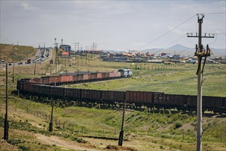 A goods train on its journey through Mongolia