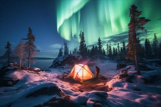Two tents lit from the inside in the vast Canadian wilderness by a lake