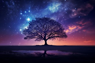 An image of a free-standing magical tree against a colourful