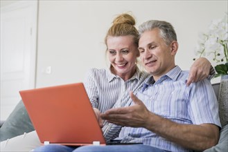 Cute elderly couple laptop