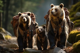 Brown bear family with backpack on back hiking in the mountains