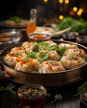 Plate of delicately prepared Chinese dim sum noodle pockets