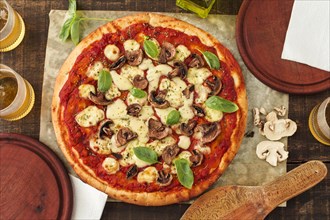 Grilled margherita pizza with tomato sauce cheese basil mushroom