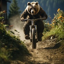 A brown bear riding a mountain bike on a mountain trail