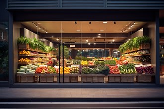 A modern fruit shop with various boxes of fruit and vegetables in front of the door