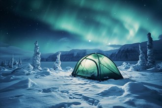 A green tent lit from the inside in vast arctic wilderness in winter