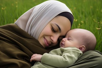 Muslim mother hijab with little daughter lovingly in a meadow in the sun