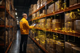 A warehouse worker in a goods warehouse controls logistics with a tablet
