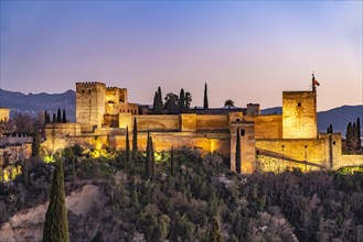 View of the Alhambra at dusk from the Mirador de San Nicolas