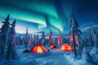 Small tent settlement lit from the inside in vast arctic wilderness in winter